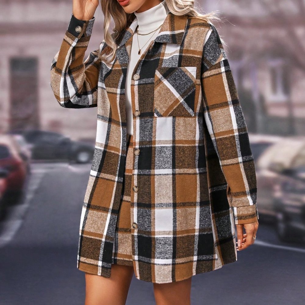 Khaki Casual Womens Check Pattern Drop Shoulder Button Front Jacket And Skirt - Picture 4 of 5